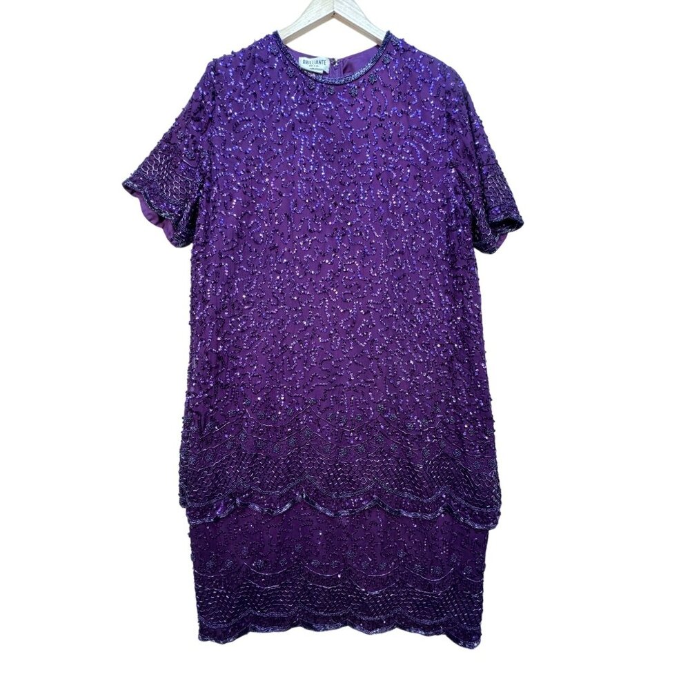 Brilliante By J.A Silk Formal Midi Shift Dress Size 1X Purple Sequin